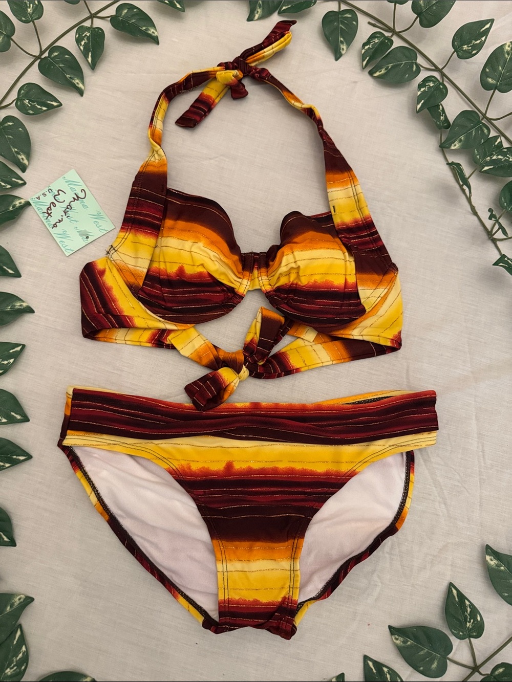 Striped Halter Bikini Set in Yellow and Maroon